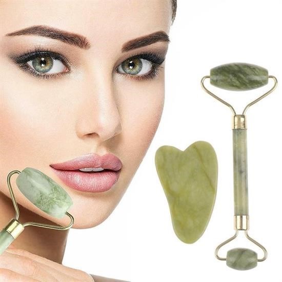 shop® Çift Taraflı 2li Cilt Yüz Masaj Aleti Jade Roller Yeşim  Taşı Seti