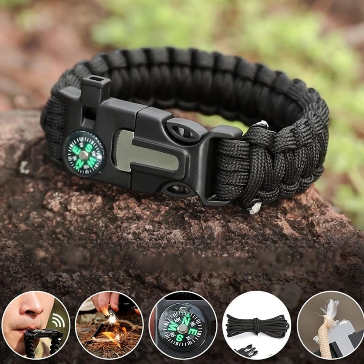 shop® 5'i 1 Arada Çok Fonksiyonlu Hayatta Kalma Bilekliği Pusula, Düdük, Çakmak Taşı ve Şemsiye İpi Bileklik