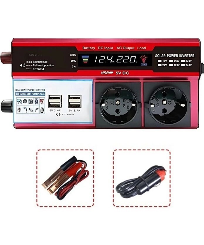 shop® 12v 2000w Modifiye Sinüs İnverter Araç Ve Güneş Enerjisi Uyumlu, Çift Usb, Çift Priz Ve Çakmaklık Epilons