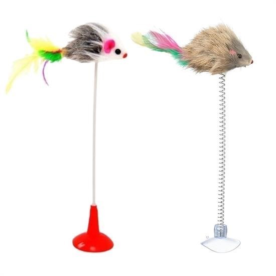 shop® 2li Vantuzlu Fareli Tüylü Hareketli Çanlı ve Esneyen Eğlenceli Peluş Kedi Oyuncağı