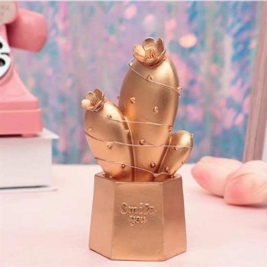 shop® Led Işıklı Sevimli Kaktüs Dekoratif Masa Lambası Mini Biblo Gece Lambası Gold