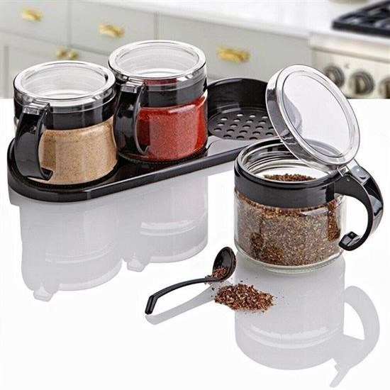 shop® Siyah 3lü Standlı Kapaklı Kaşıklı Cam Hava Sızdırmaz Baharatlık Takımı KC-386