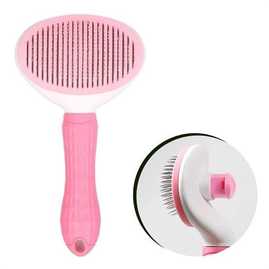 shop® Kedi Köpek Tüy Toplayıcı Kendini Temizleyebilen Ergonomik Saplı Evcil Hayvan Tarağı Pembe