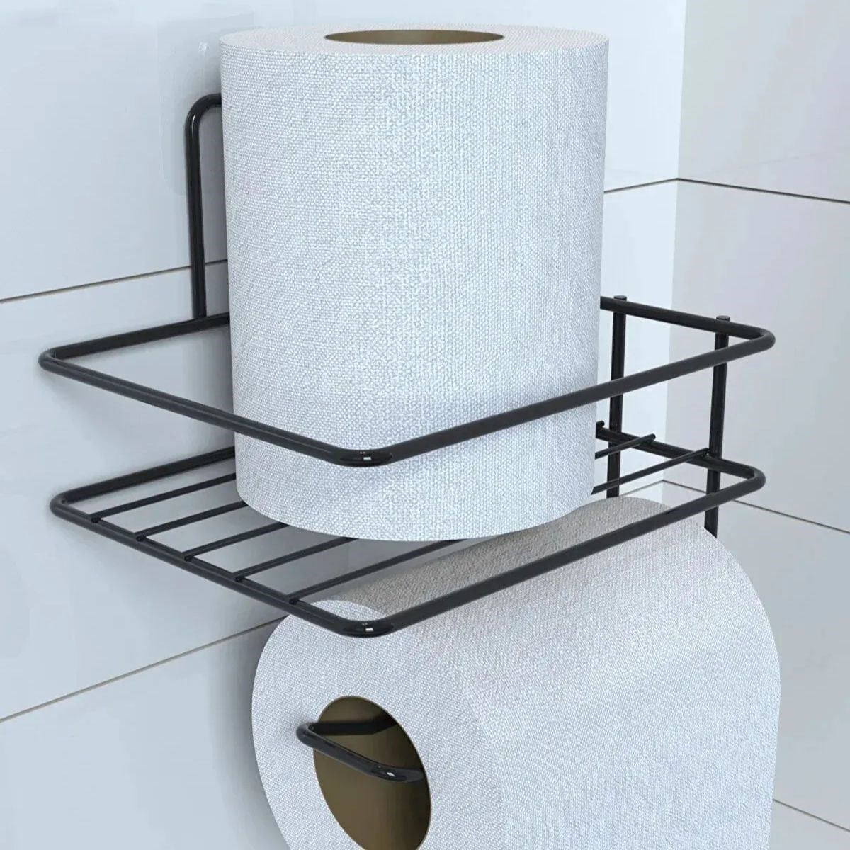 shop® Kendiliğinden Yapışkanlı Tuvalet Kağıdı Tutacağı ve Yedek Raf - Siyah Modern Metal Tasarım