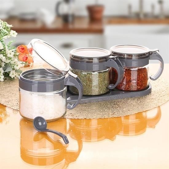 shop® Gri  3lü Standlı Kapaklı Kaşıklı Cam Hava Sızdırmaz Baharatlık Takımı KC-386