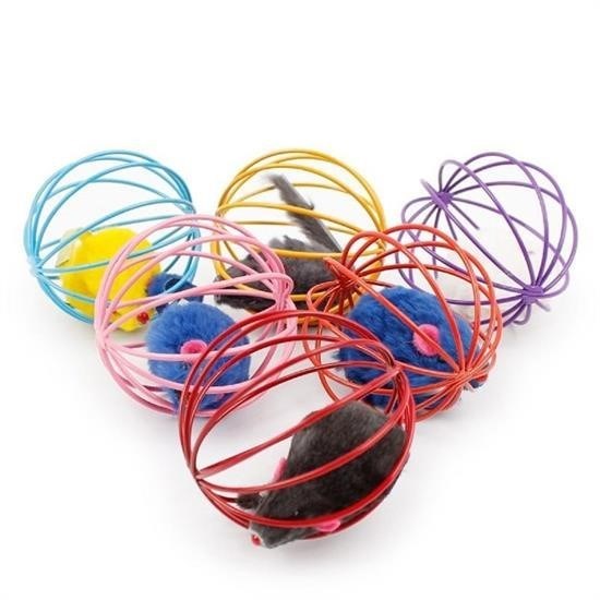 shop® Renkli Metal Kafesli Peluş Fareli Kedi Köpek Oyuncağı Oyun Topu 6 cm
