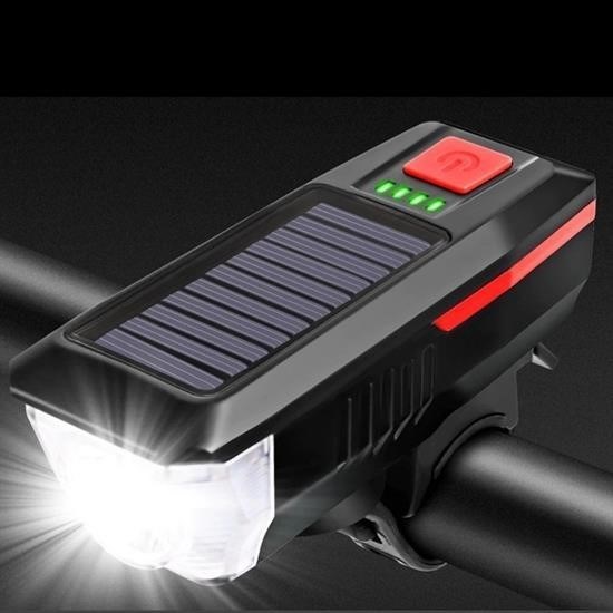 shop® Solar Enerjili USB ile Şarj Edilebilir Ledli Bisiklet Feneri Kornalı ve Su Geçirmez Far