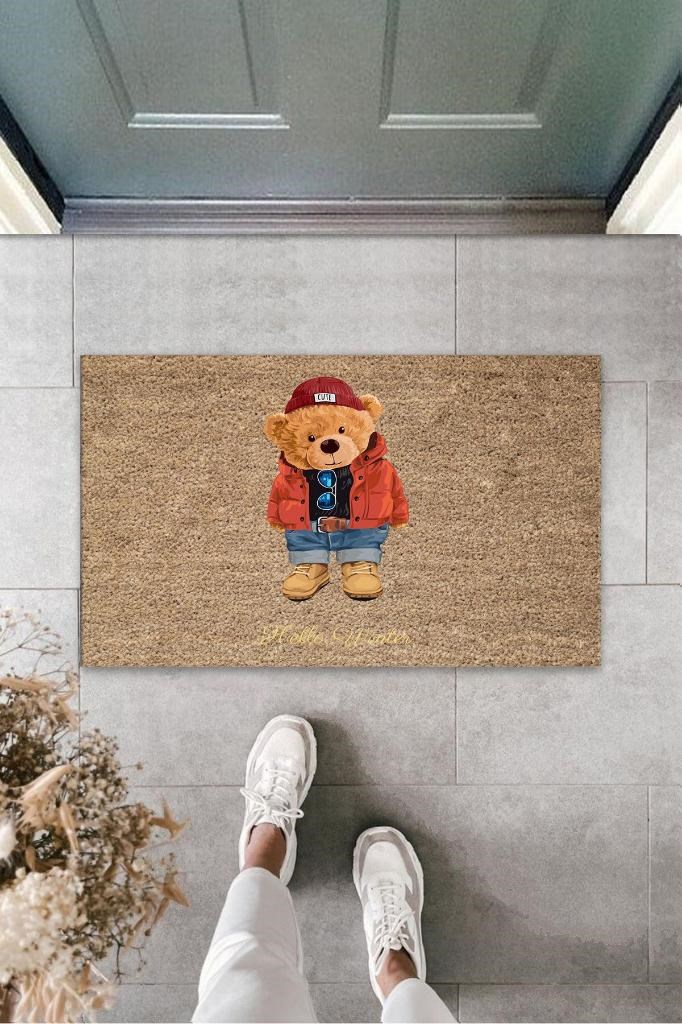 Kahverengi Kapı Önü Paspası Hello Winter Ayıcık Desen  K-3245