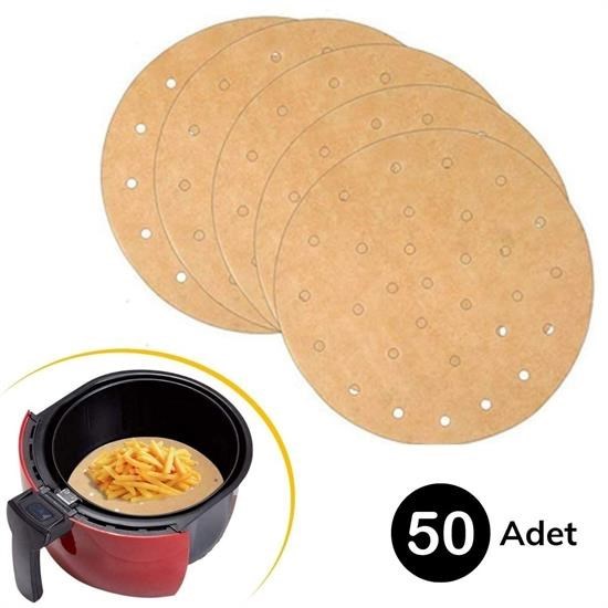 shop® 50 Adet Air Fryer Pişirme Kağıdı Tek Kullanımlık Gıda Pişirme Kağıdı Delikli Yuvarlak Model