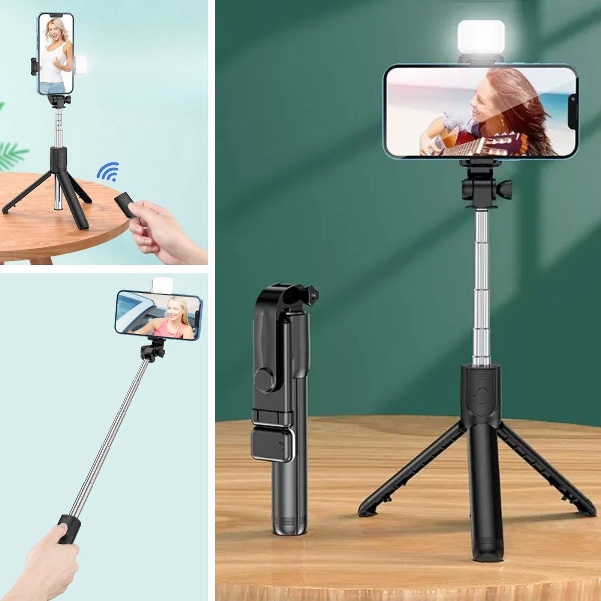 shop® Kendiliğinden Işıklı Masaüstü Tripod Olabilen Telefon Tutuculu Kablosuz Kumandalı Selfie Çubuğu