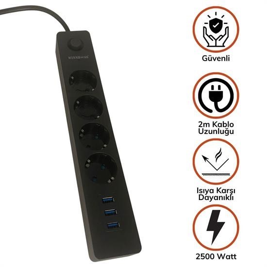 shop® Termak Akım Korumalı 4 Priz 3 USB Girişli Uzatma Kablosu GüçŞarj