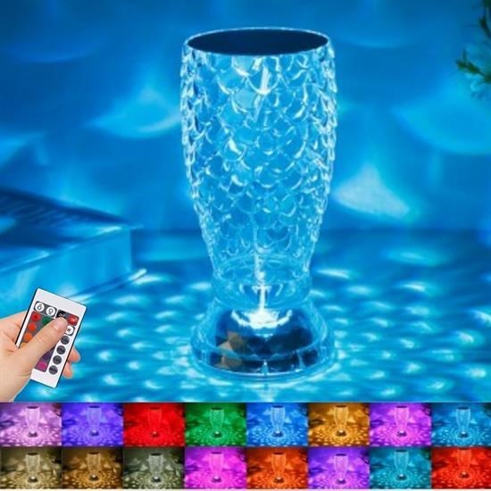 shop® Balık Süzgeç Model USB Şarjlı Kumandalı 16Farklı Işık Modlu Masa Üstü Kristal Akrilik Led