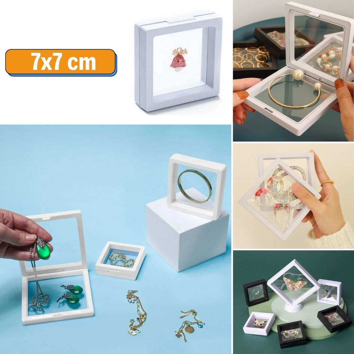 shop® 7x7 cm Standlı 3D Takı Ziynet Hatıra Koleksiyon Saklama Kutusu Şeffaf Film Çerçevesi