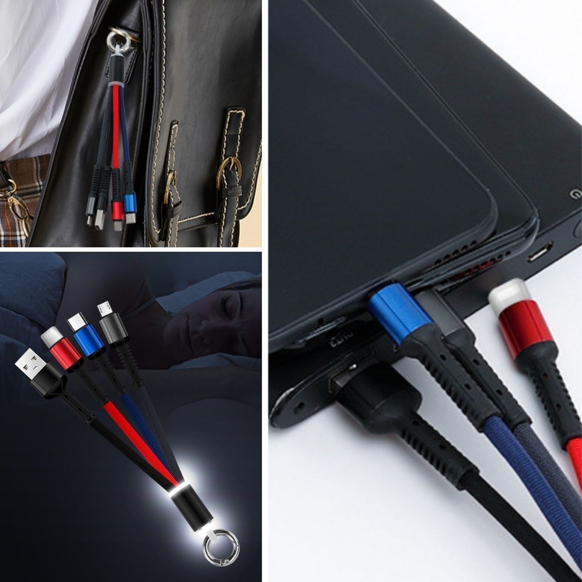 shop® Işıklı Anahtarlık Model 3 in 1 USB Çıkışlı MİKRO,TYPE-C ve İphone Uyumlu Şarj Kablosu