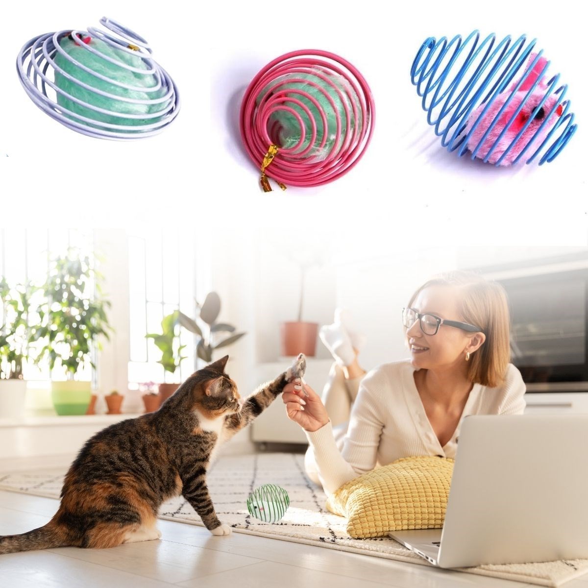 shop® Yaylı Metal Fareli Kafes Kedi Oyun Topu Sıçrayan Spiral Kedi Topu 