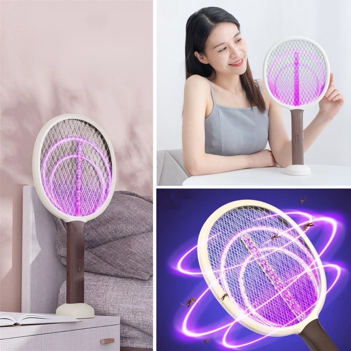 shop® Şarjlı Sinek Öldürücü Masaüstü Standlı,Mor Işık 43cm Sinek Kovucu Raket
