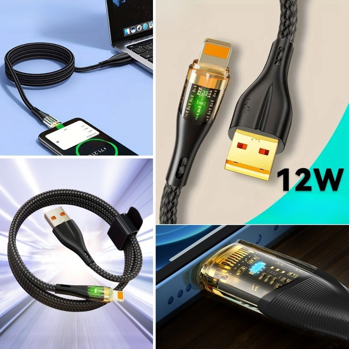 shop® Led Işık Uçlu Sağlam İp Kablolu USB to Lightning Hızlı Şarj Kablosu