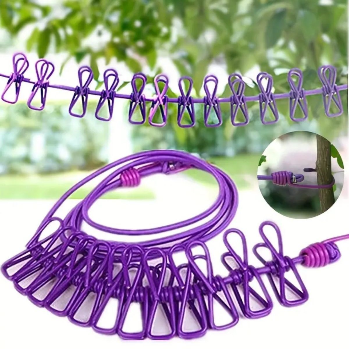 shop® Taşınabilir Seyahat Çamaşır İpi 12 Mandallı Klipsli Lastikli Çamaşır Mandalları