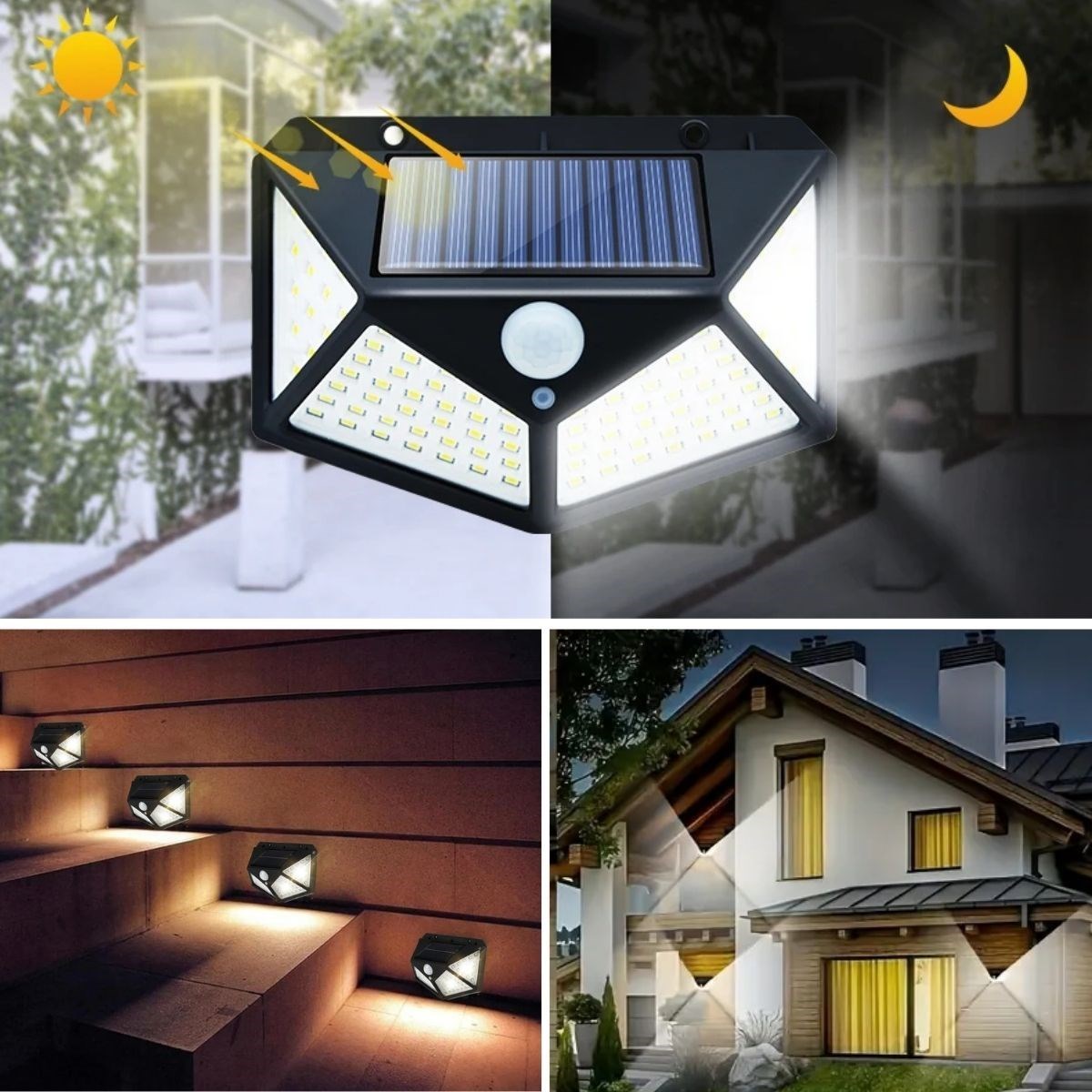 shop® 100 Ledli 3 Farklı Aydınlatma Ayarlı Solar Güneş Enerjili Hareket Sensörlü Bahçe Duvar Lambası