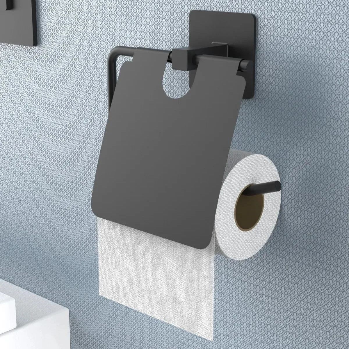  shop® Kendiliğinden Yapışkanlı Siyah Paslanmaz Metal Kapaklı Tuvalet Kağıtlığı Aparatı