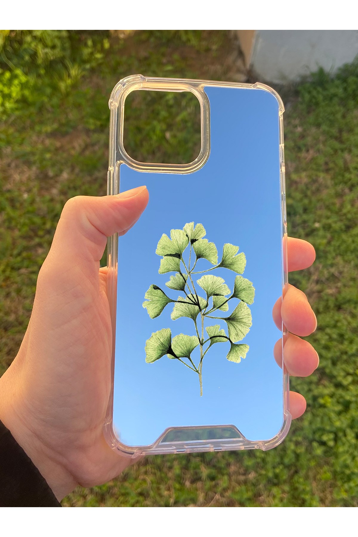 İphone 15 Pro Max Uyumlu Aynalı Ginkgo Desenli Darbe Kamera Korumalı Silikon Telefon Kılıfı