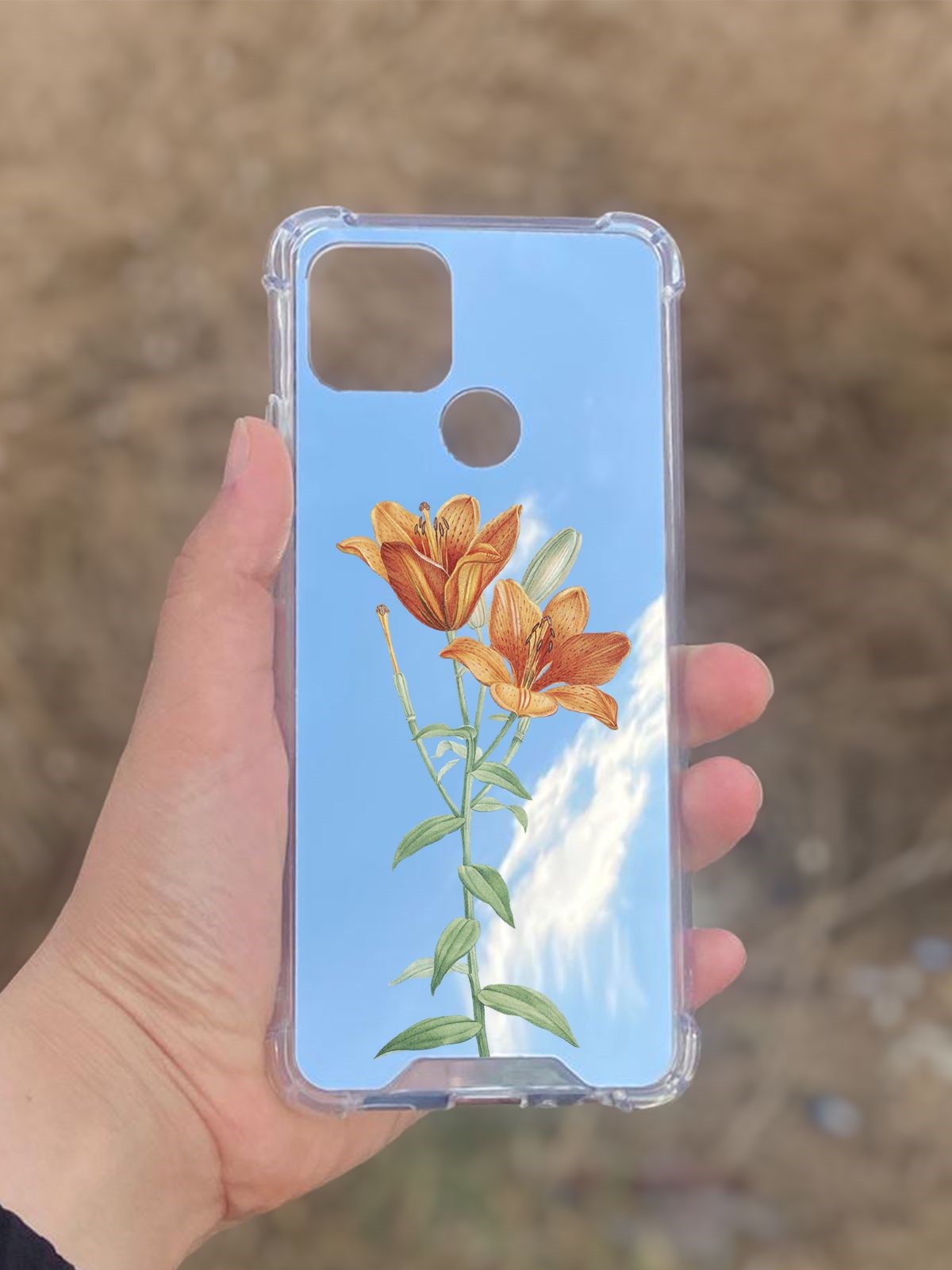 Oppo A15  Uyumlu Aynalı Turuncu Lale Desenli Darbe Kamera Korumalı Silikon Telefon Kılıfı