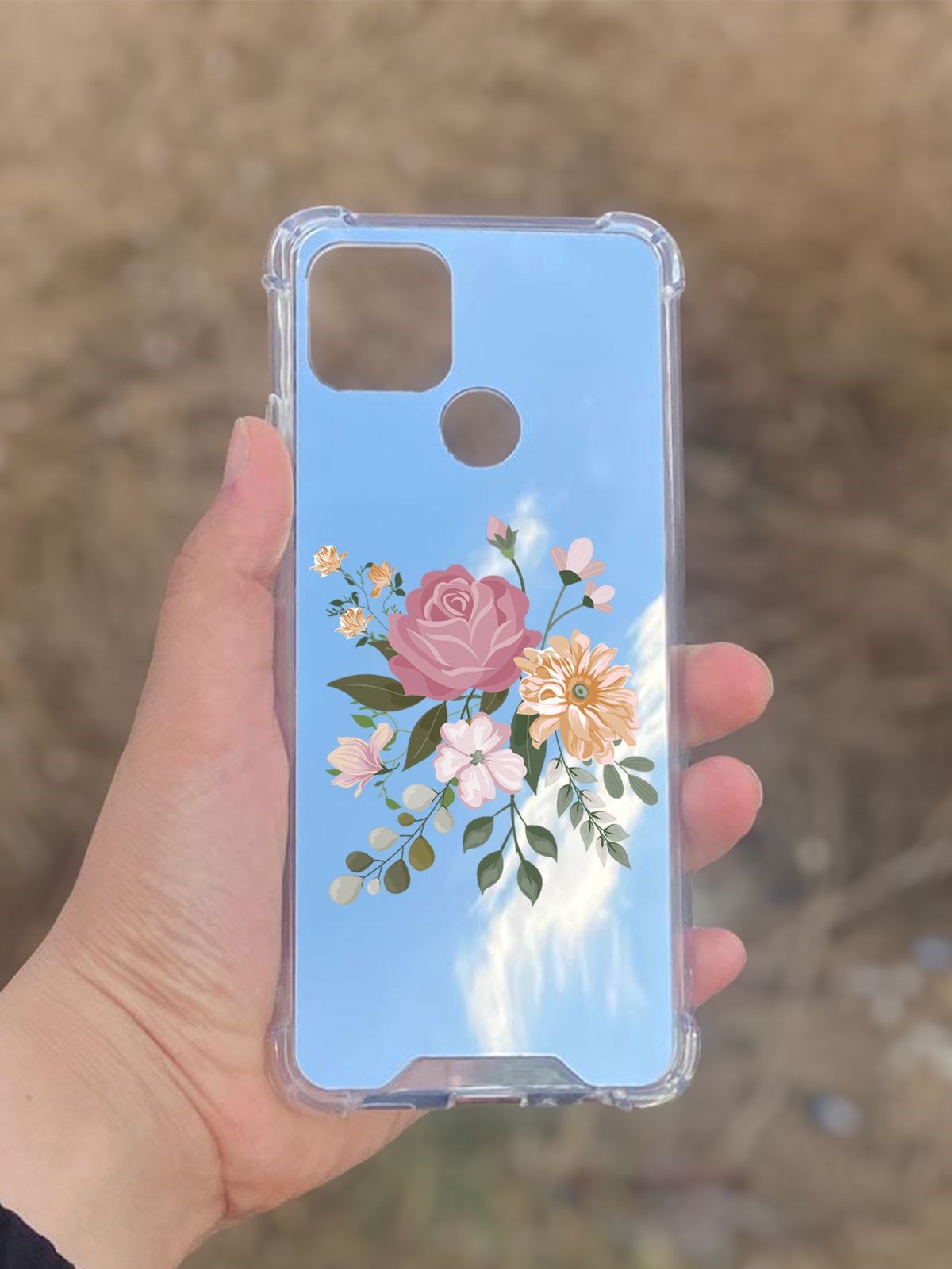 Oppo A15  Uyumlu Aynalı Pembe Gül Desenli Darbe Kamera Korumalı Silikon Telefon Kılıfı