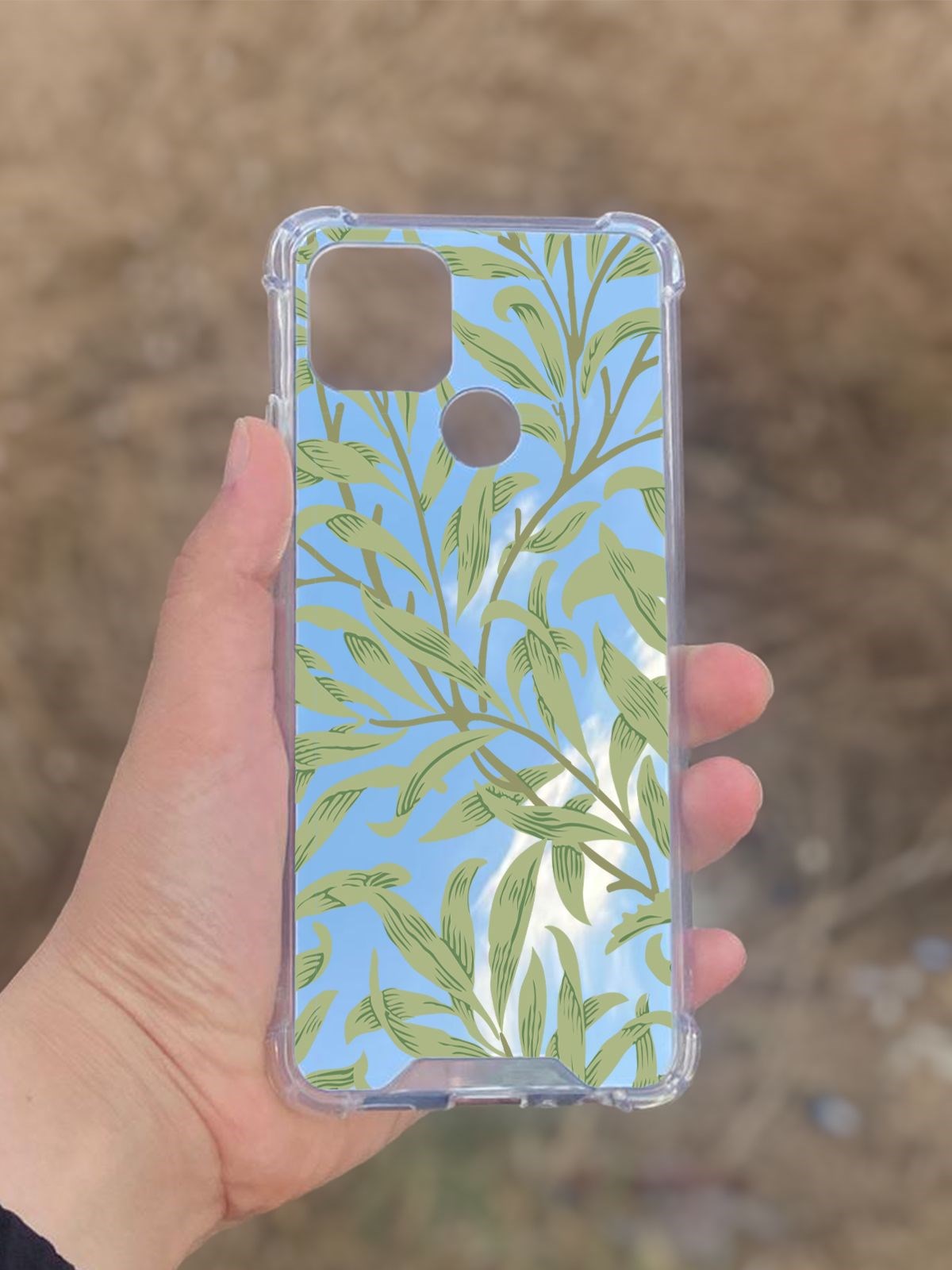 Oppo A15  Uyumlu Aynalı Yeşil Yaprak Desenli Darbe Kamera Korumalı Silikon Telefon Kılıfı