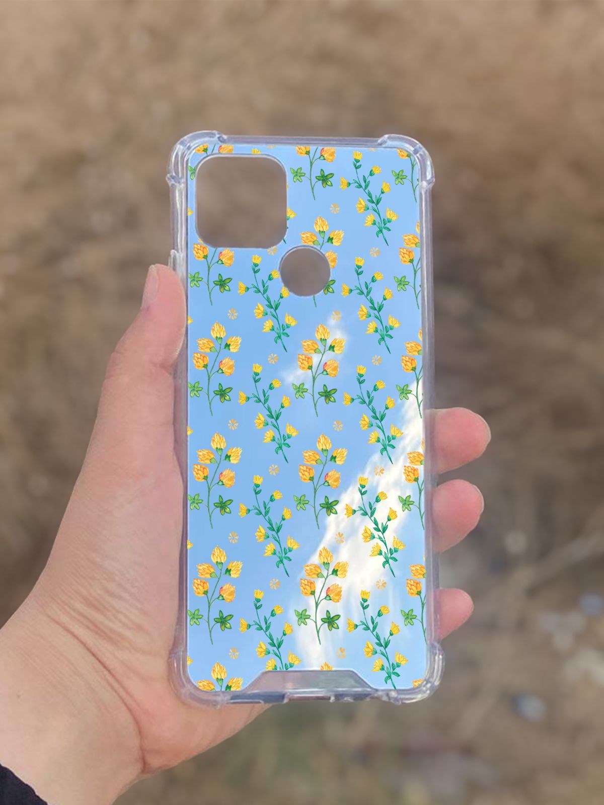 Oppo A15  Uyumlu Aynalı Sarı Çiçek Desenli Darbe Kamera Korumalı Silikon Telefon Kılıfı