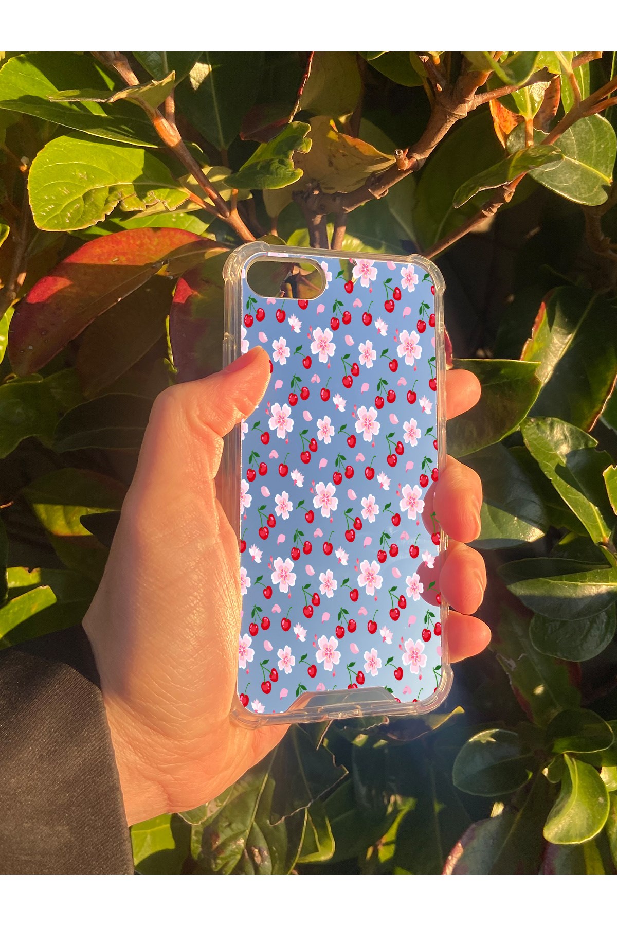 İphone 7 Uyumlu Aynalı Kiraz Desenli Darbe Kamera Korumalı Silikon Telefon Kılıfı