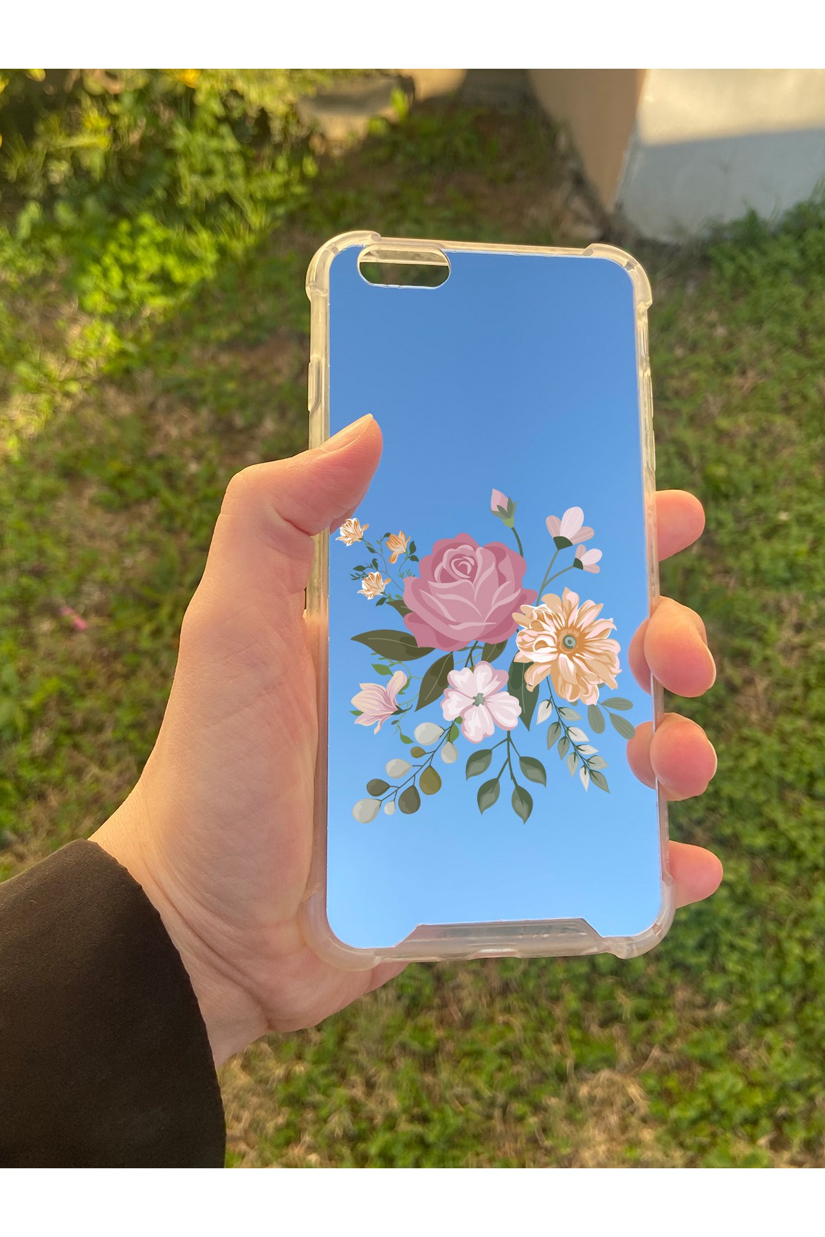 İphone 6S Plus Uyumlu Aynalı Pembe Gül Desenli Darbe Kamera Korumalı Silikon Telefon Kılıfı