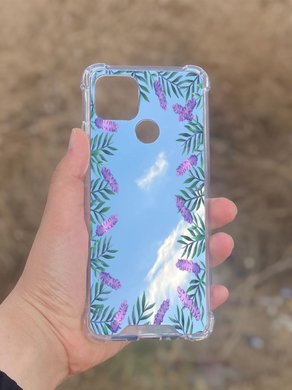Oppo A15  Uyumlu Aynalı Lavanta Desenli Darbe Kamera Korumalı Silikon Telefon Kılıfı