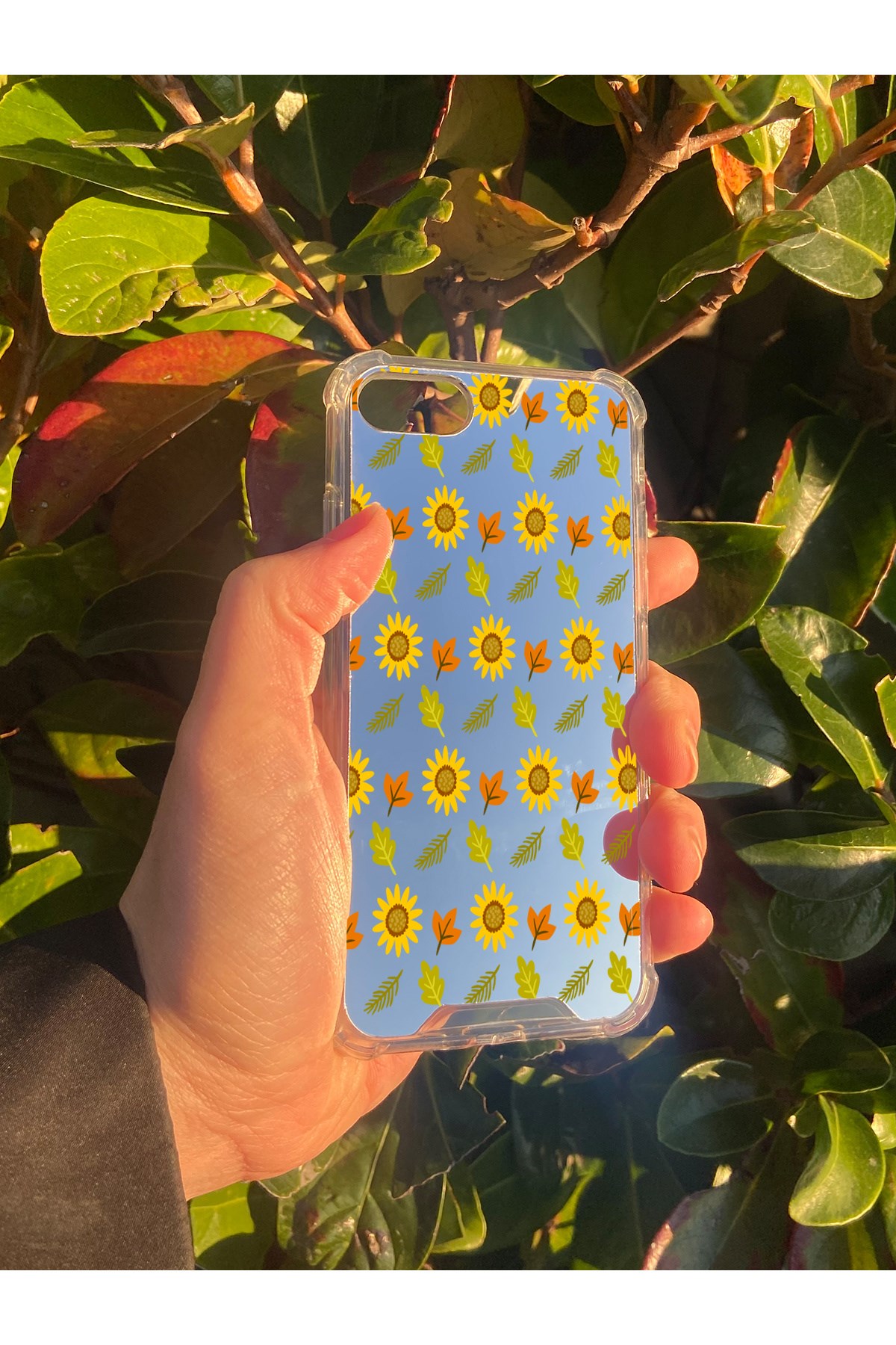 İphone SE 2022 Uyumlu Aynalı Ay Çiçeği Desenli Darbe Kamera Korumalı Silikon Telefon Kılıfı