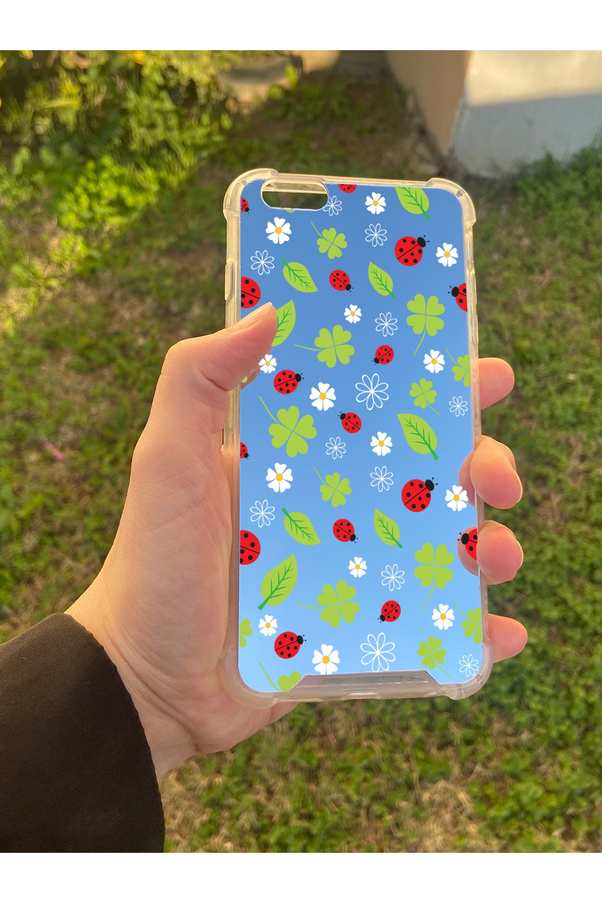 İphone 6S Plus Uyumlu Aynalı Uğur Böceği Desenli Darbe Kamera Korumalı Silikon Telefon Kılıfı