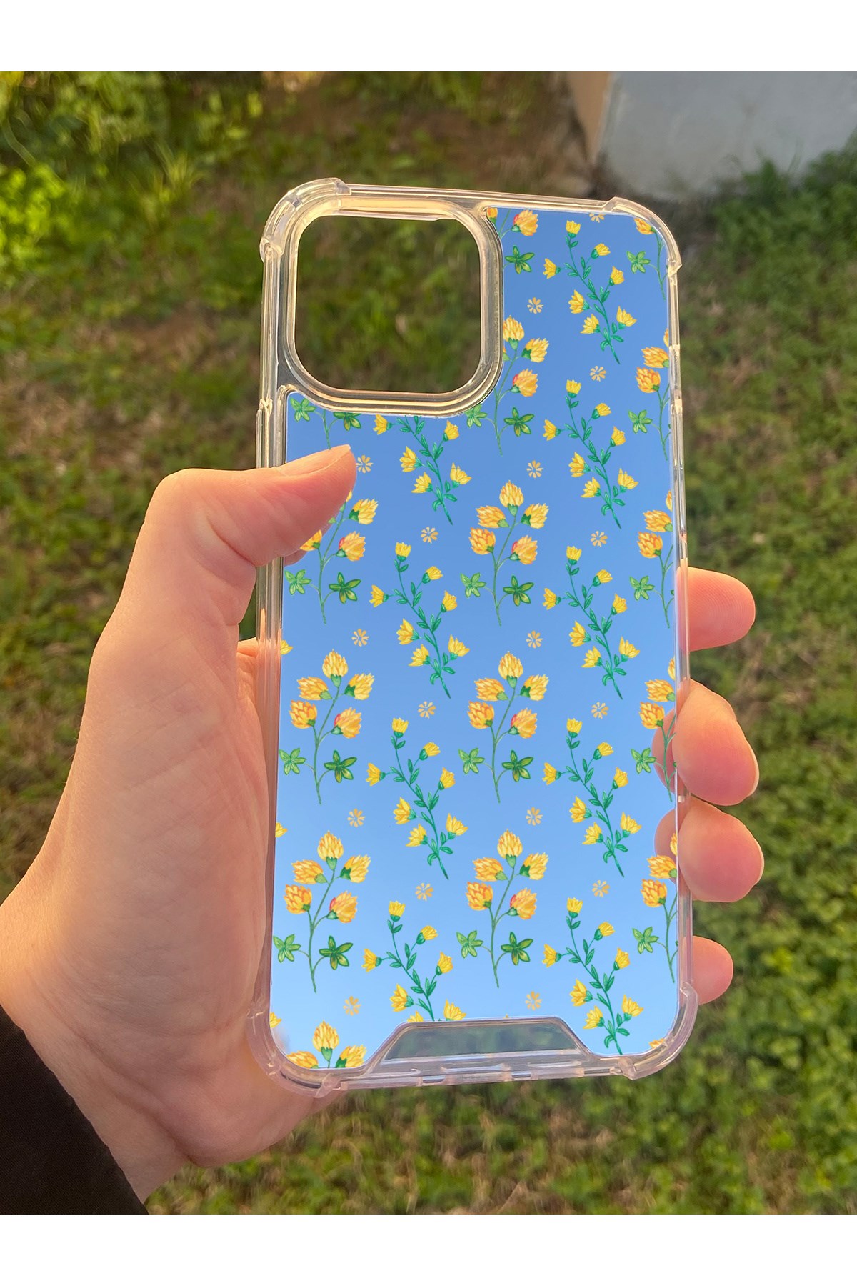 İphone 15 Pro Max Uyumlu Aynalı Sarı Çiçek Desenli Darbe Kamera Korumalı Silikon Telefon Kılıfı