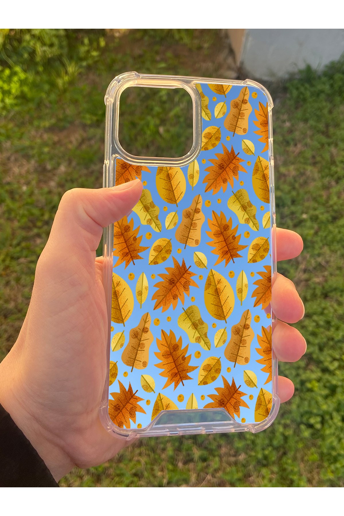 İphone 15 Pro Max Uyumlu Aynalı Sonbahar Desenli Darbe Kamera Korumalı Silikon Telefon Kılıfı