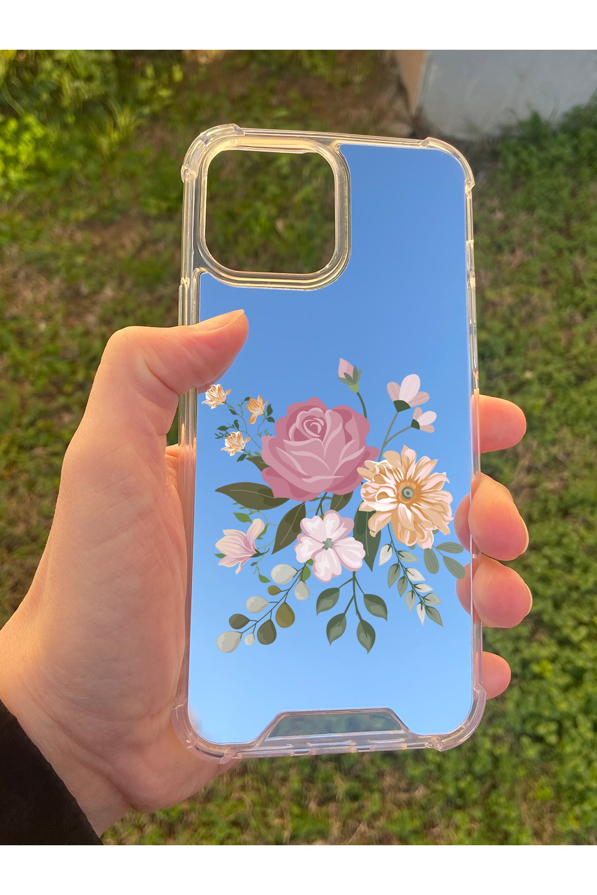 İphone 15 Pro Max Uyumlu Aynalı Pembe Gül Desenli Darbe Kamera Korumalı Silikon Telefon Kılıfı