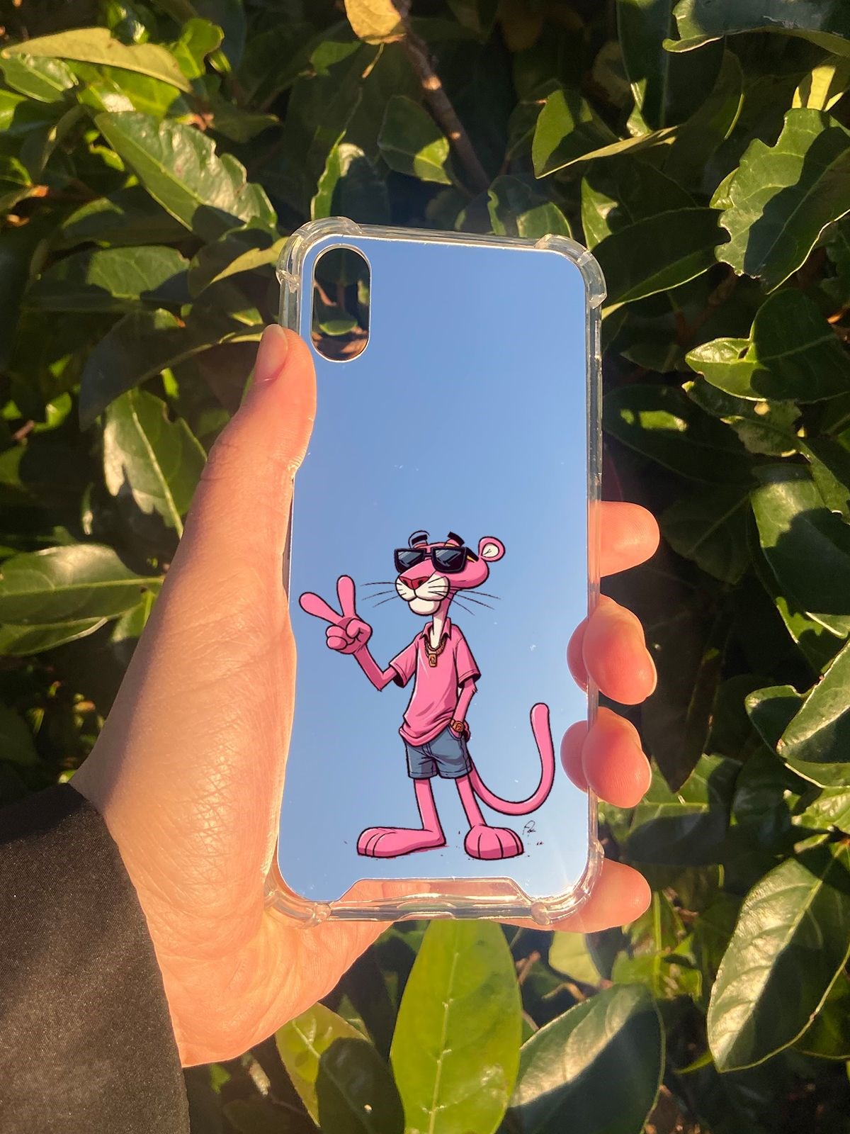 İphone XS Uyumlu Aynalı Pembe Panter Desenli Darbe Kamera Korumalı Silikon Telefon Kılıfı