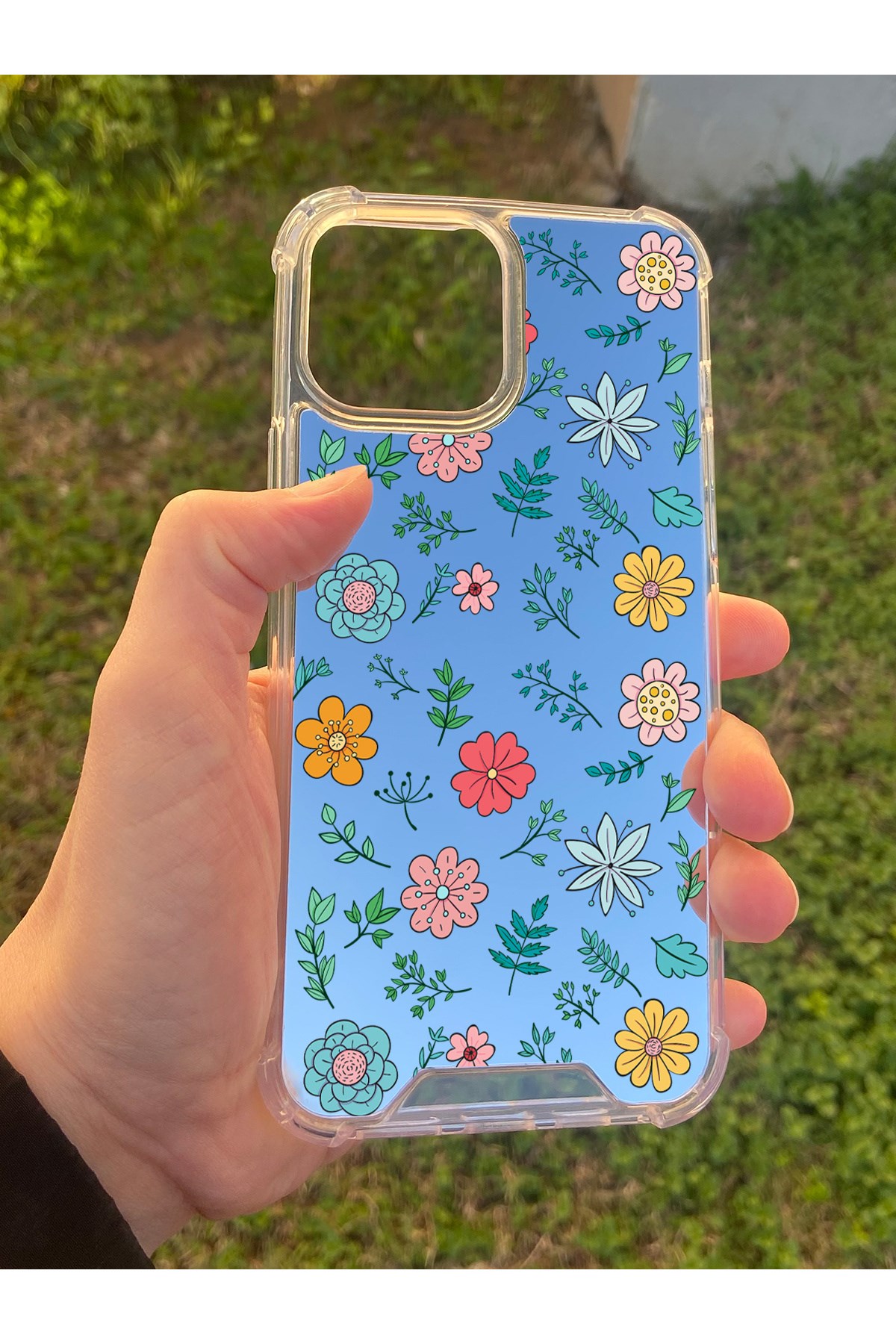İphone 15 Pro Max Uyumlu Aynalı Renkli Çiçek Desenli Darbe Kamera Korumalı Silikon Telefon Kılıfı