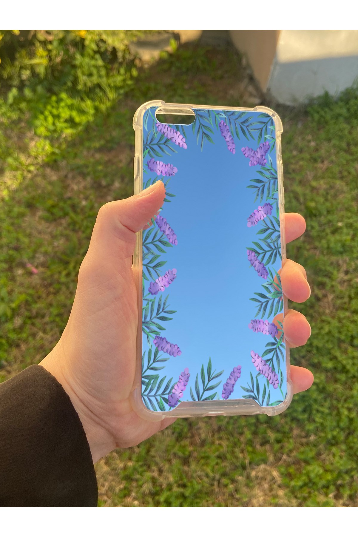 İphone 6S Plus Uyumlu Aynalı Lavanta Desenli Darbe Kamera Korumalı Silikon Telefon Kılıfı