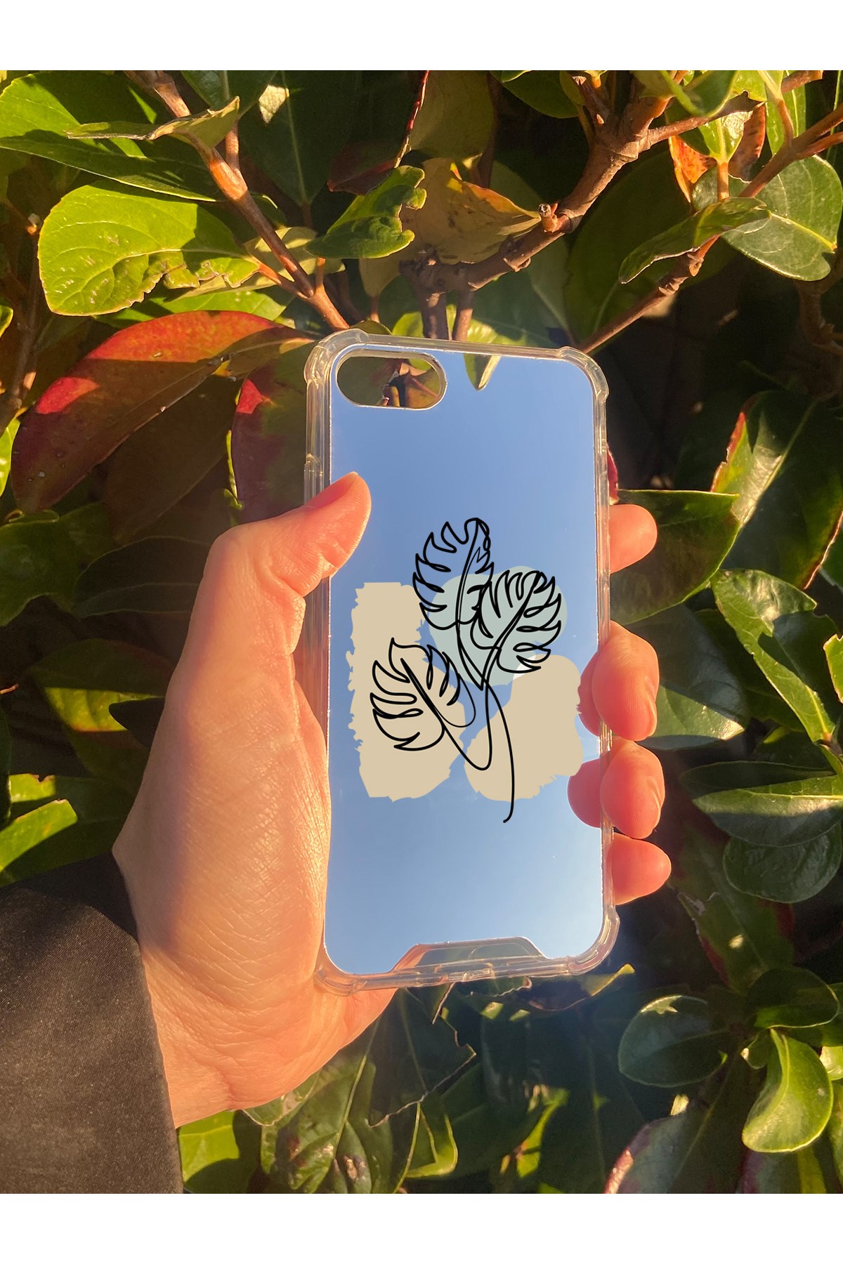 İphone SE 2022 Uyumlu Aynalı Monstera Desenli Darbe Kamera Korumalı Silikon Telefon Kılıfı