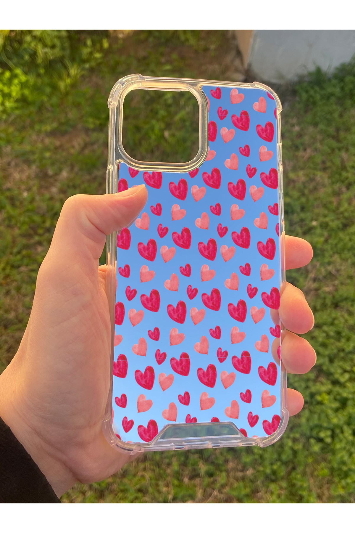 İphone 15 Pro Max Uyumlu Aynalı Pembe Kalp Desenli Darbe Kamera Korumalı Silikon Telefon Kılıfı