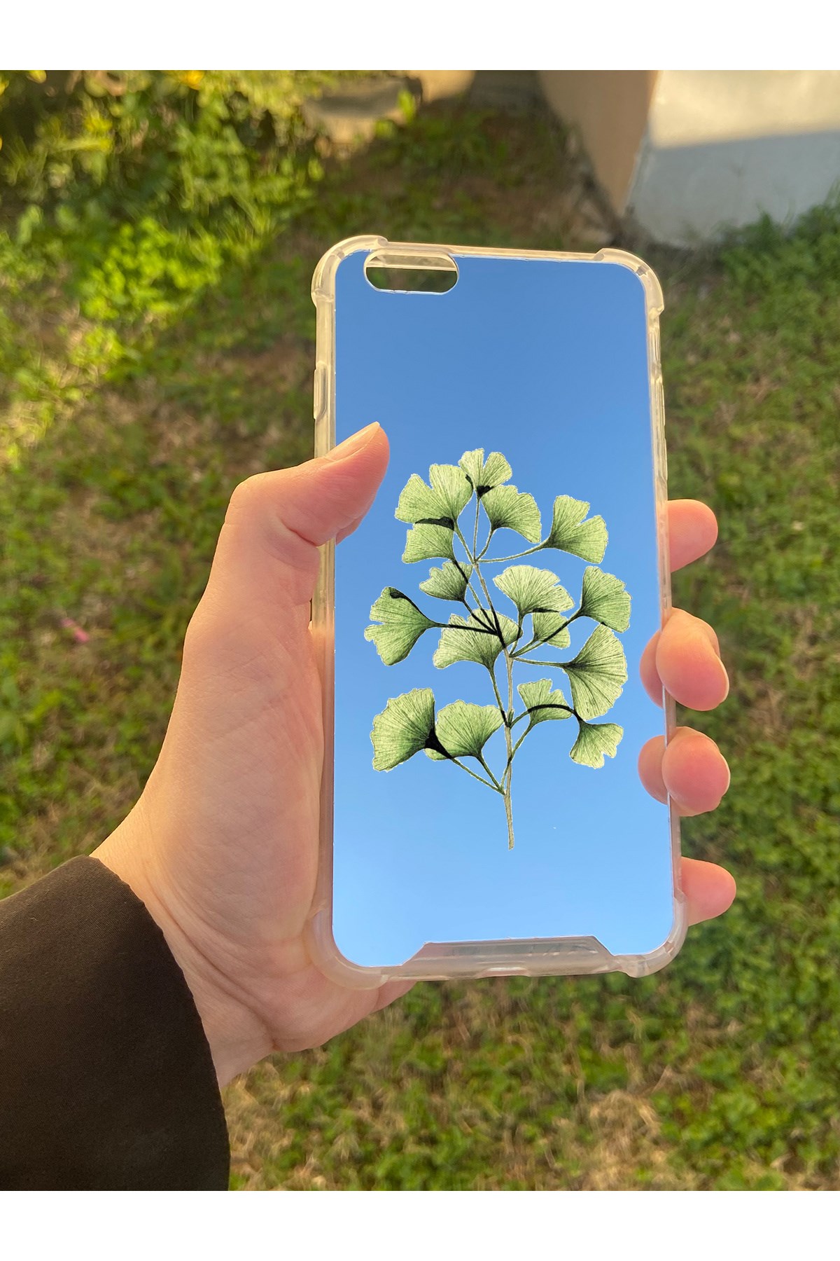 İphone 6S Plus Uyumlu Aynalı Ginkgo Desenli Darbe Kamera Korumalı Silikon Telefon Kılıfı