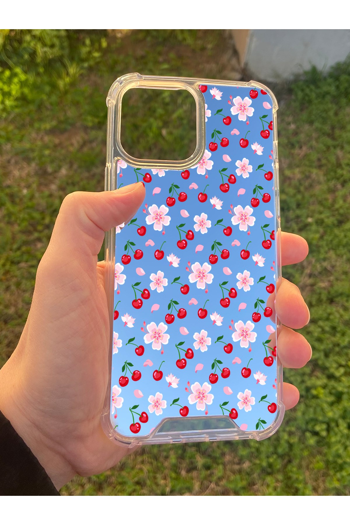 İphone 15 Pro Max Uyumlu Aynalı Kiraz Desenli Darbe Kamera Korumalı Silikon Telefon Kılıfı