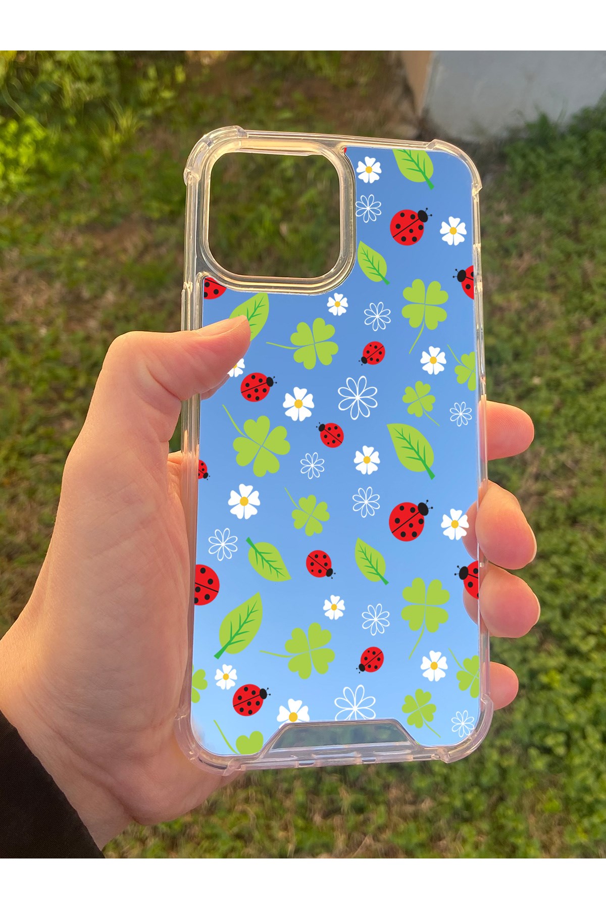 İphone 15 Pro Max Uyumlu Aynalı Uğur Böceği Desenli Darbe Kamera Korumalı Silikon Telefon Kılıfı
