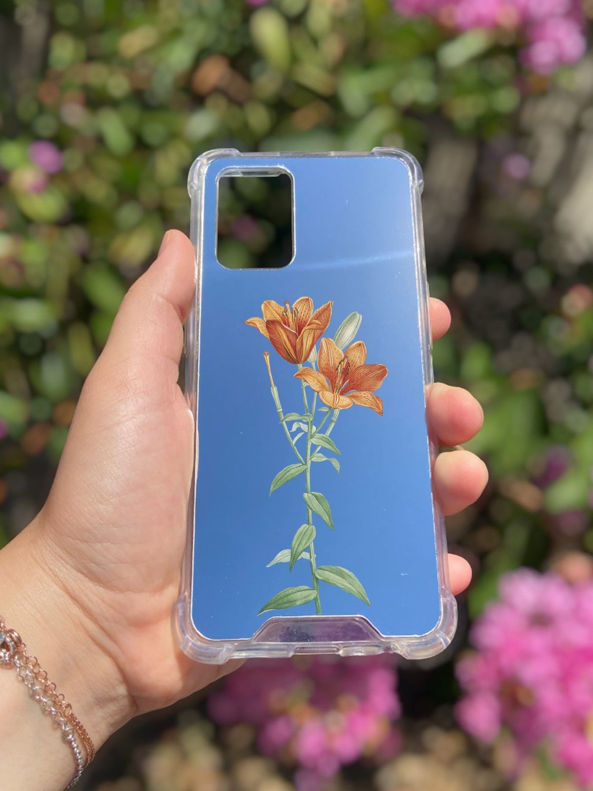 Oppo A74 Uyumlu Aynalı Turuncu Lale Desenli Darbe Kamera Korumalı Silikon Telefon Kılıfı