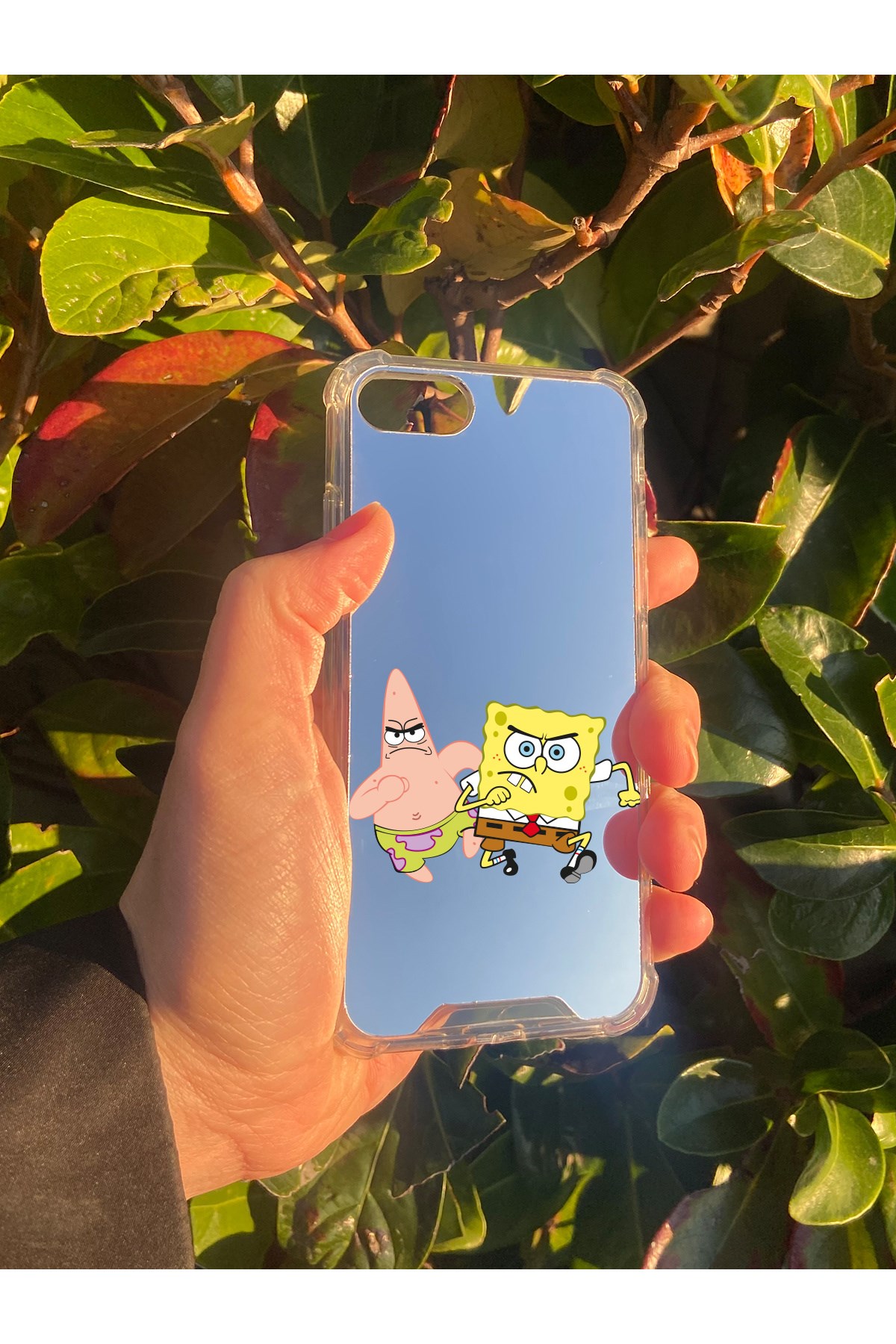 İphone 8 Uyumlu Aynalı Sünger Bob Desenli Darbe Kamera Korumalı Silikon Telefon Kılıfı