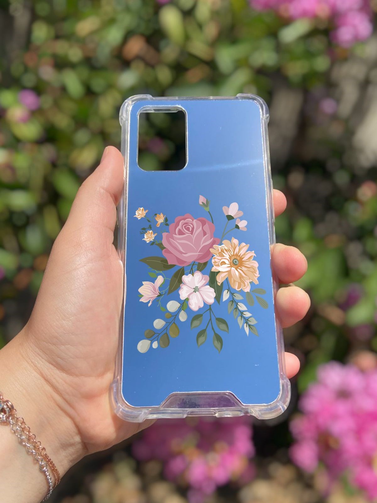 Oppo A74 Uyumlu Aynalı Pembe Gül Desenli Darbe Kamera Korumalı Silikon Telefon Kılıfı