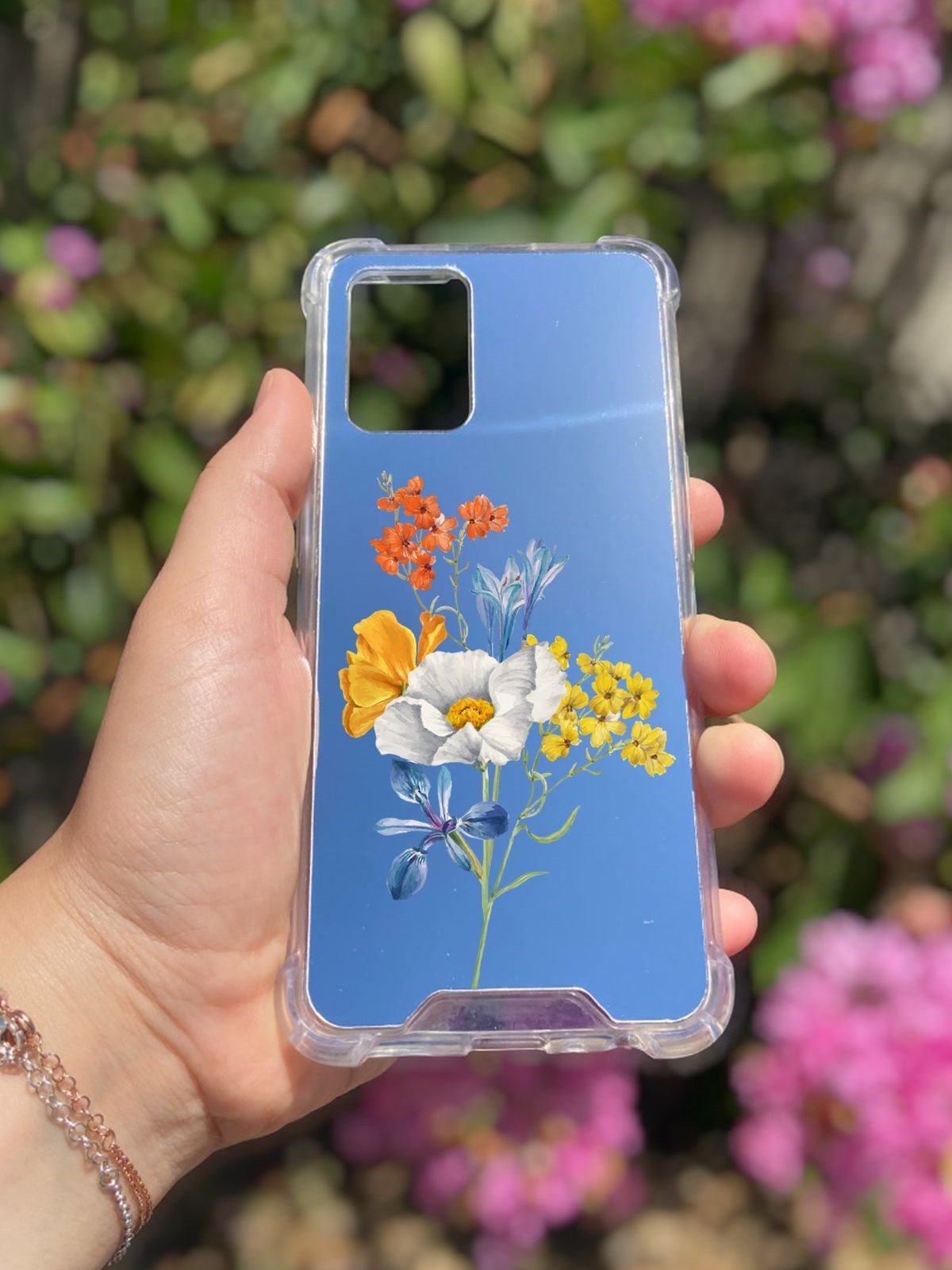 Oppo A74 Uyumlu Aynalı Sarı Beyaz Desenli Darbe Kamera Korumalı Silikon Telefon Kılıfı