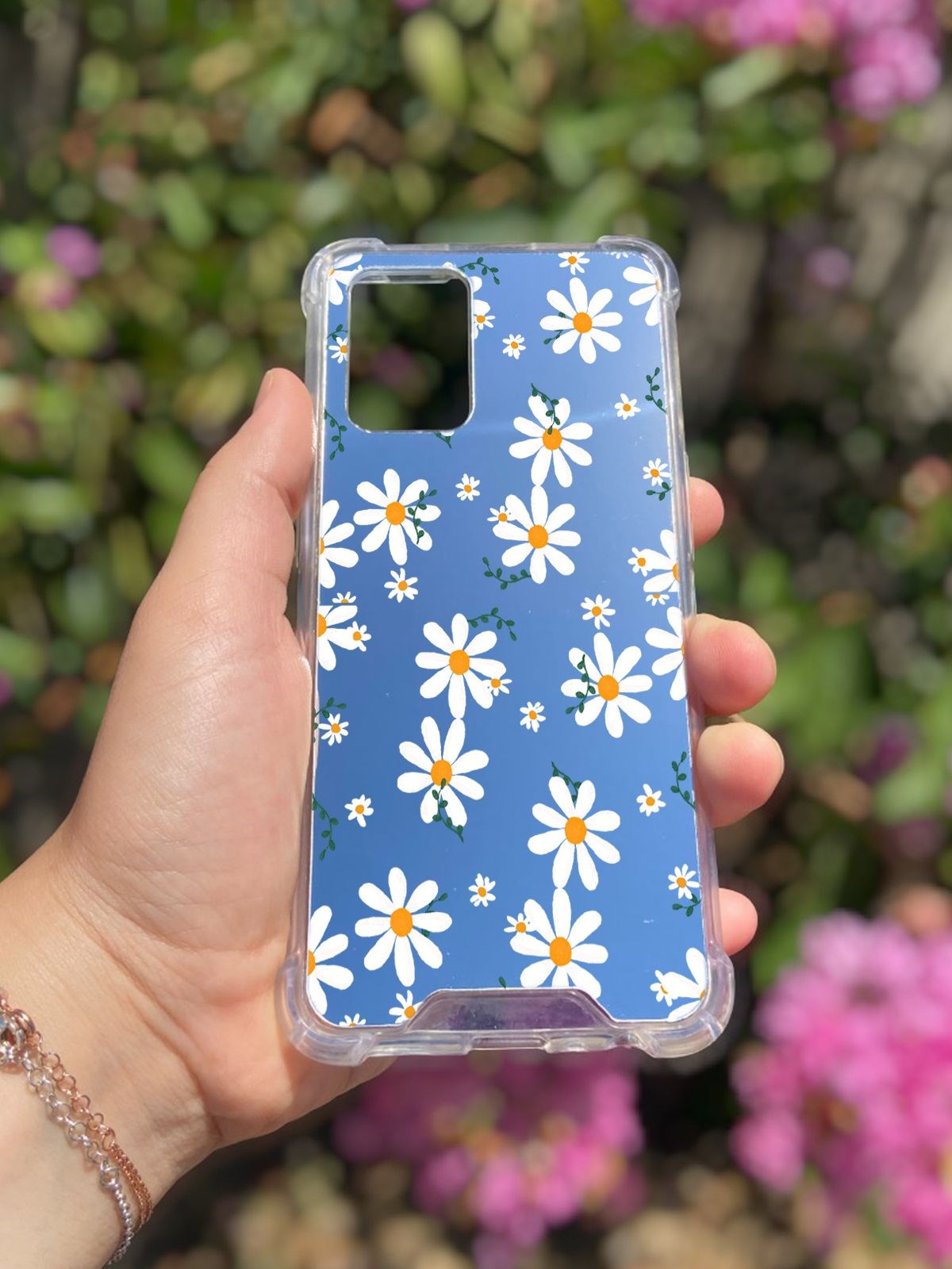 Oppo A74 Uyumlu Aynalı Papatya Desenli Darbe Kamera Korumalı Silikon Telefon Kılıfı